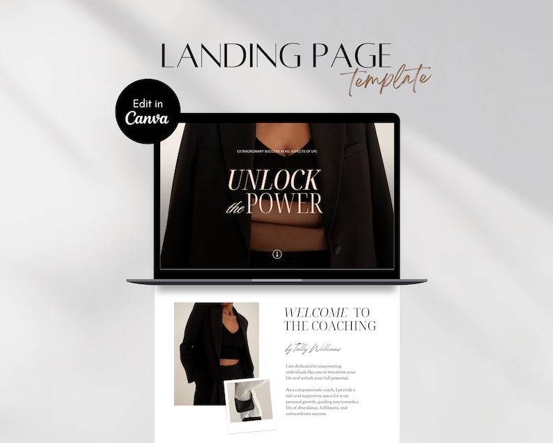 May include: A laptop computer displaying a website landing page with the text "Unlock the Power" and "Welcome to the Coaching by Tally Williams". The website is designed in black and white with a photo of a person wearing a black blazer and a black top.