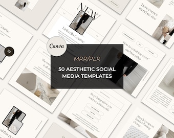 Puede incluir: Una colección de 50 plantillas estéticas para redes sociales, con el logotipo de Canva. Las plantillas tienen un diseño minimalista con colores neutros y texto como "LinkedIn Course" y "How to combine work and traveling".