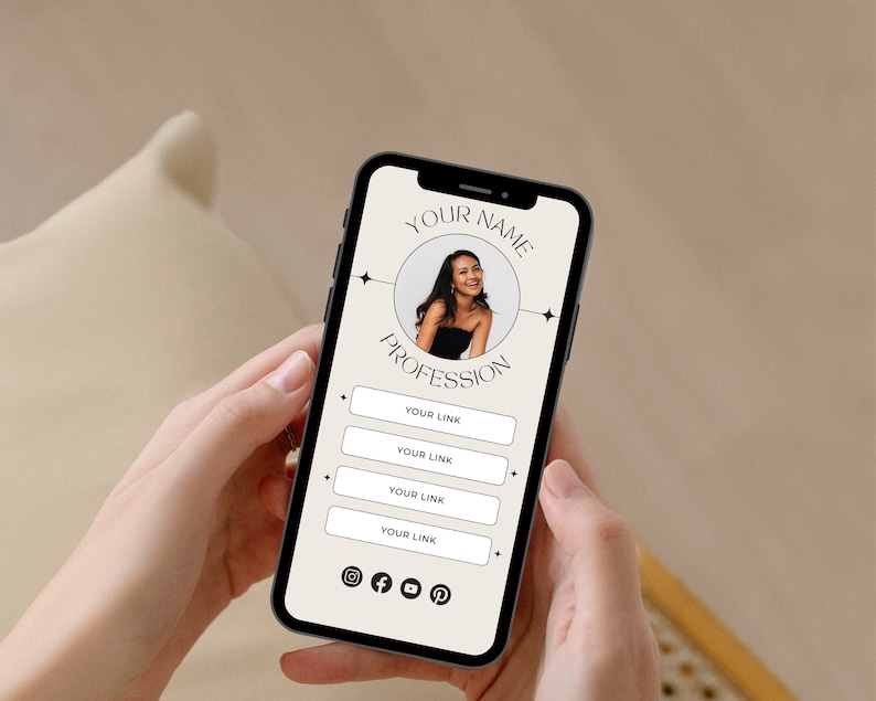 Puede incluir: La pantalla de un tel&eacute;fono inteligente muestra una tarjeta de presentaci&oacute;n digital con la foto de una mujer, el texto "YOUR NAME", "YOUR PROFESSION" y cuatro botones etiquetados como "YOUR LINK". Los iconos de redes sociales para Instagram, Facebook y Pinterest se muestran en la parte inferior de la pantalla.