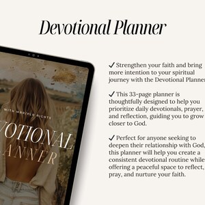 May include: A digital planner with a woman on the cover, titled "Devotional Planner" with the text "With MRR/PLR Rights". The planner is designed to help you prioritize daily devotionals, prayer, and reflection.
