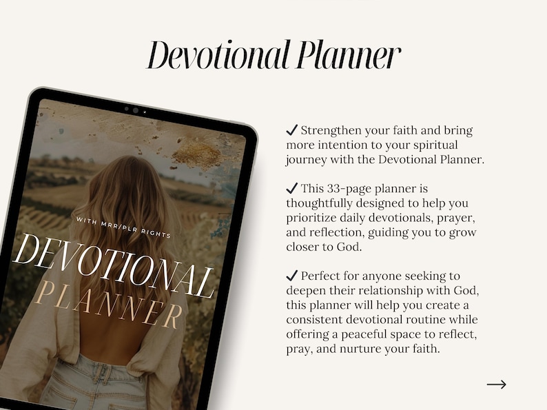 May include: A digital planner with a woman on the cover, titled "Devotional Planner" with the text "With MRR/PLR Rights". The planner is designed to help you prioritize daily devotionals, prayer, and reflection.