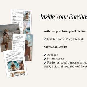May include: A digital product mockup showing a 36-page guide with the text "A journey of a thousand miles begins with a single step" and "Leveraging your digital products to capture more clients". The guide is for personal use or resale and includes an editable Canva template link.