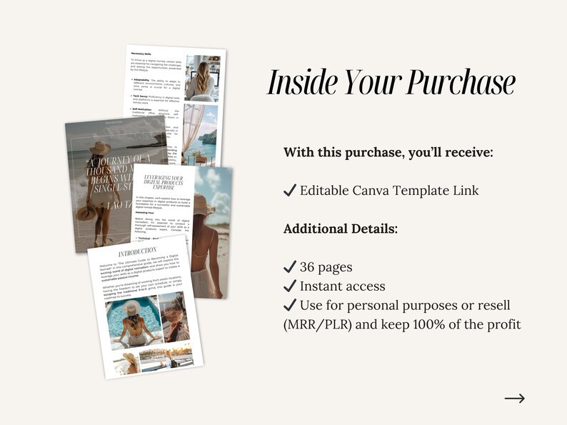 May include: A digital product mockup showing a 36-page guide with the text "A journey of a thousand miles begins with a single step" and "Leveraging your digital products to capture more clients". The guide is for personal use or resale and includes an editable Canva template link.