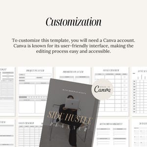 K&ouml;nnte beinhalten: Ein schwarz-wei&szlig;er druckbarer Planer mit dem Text "Side Hustle Planner" in Wei&szlig;. Der Planer enth&auml;lt Seiten f&uuml;r monatliches Budget, Projektplaner, Priorit&auml;tenplaner, Zielverfolger, j&auml;hrlicher Gewinn und Verlust, w&ouml;chentlicher R&uuml;ckblick, Umsatzverfolger, Keyword-Arbeitsblatt und 30-Tage-Challenge.