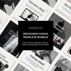 Puede incluir: Un paquete de plantillas de diseño gráfico en blanco y negro para Instagram Canva. El texto dice "MRR/PLR Instagram Canva Template Bundle" y "Úselo para su negocio o véndalo a otros y conserve el 100% de las ganancias."