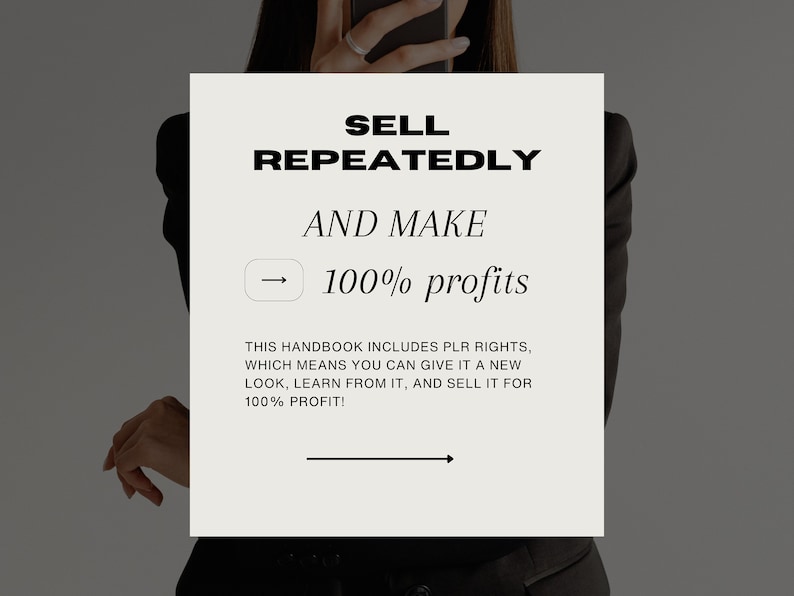 May include: A cream-coloured graphic with the text "SELL REPEATEDLY AND MAKE 100% profits." The text is in a bold, sans-serif font. Below the text is a description about PLR rights and selling for 100% profit.