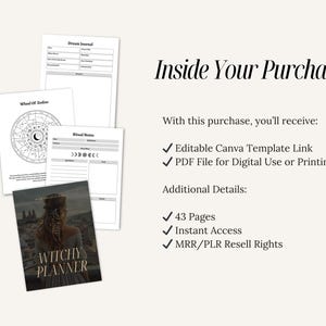 May include: A digital planner with a black and white cover featuring a woman with long red hair standing in front of a city skyline. The cover text reads "Witchy Planner". The image also shows a preview of the planner's interior pages, including a wheel of zodiac signs, a dream journal, and a ritual notes page.