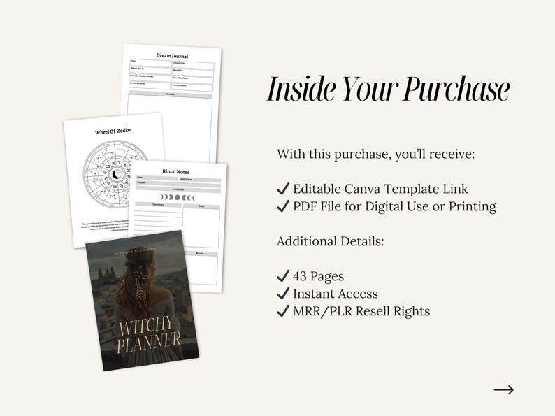 May include: A digital planner with a black and white cover featuring a woman with long red hair standing in front of a city skyline. The cover text reads "Witchy Planner". The image also shows a preview of the planner's interior pages, including a wheel of zodiac signs, a dream journal, and a ritual notes page.