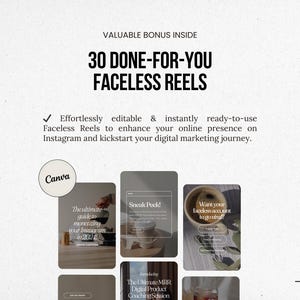 May include: A collage of six Instagram Reels templates featuring text overlays and images of coffee and plants. The text on the templates includes "The ultimate guide to monetizing your Instagram in 2022", "Sneak Peek!", "Want your faceless account to go viral?", and "The Ultimate MRR Digital Product Coaching Session".