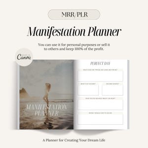 May include: An open planner with a white background and black text. The left page features a photo of a woman standing in the ocean. The right page has the title "Perfect Day" and prompts for reflection. The text on the cover reads "Manifestation Planner".