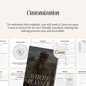 May include: A printable planner with a black and white design. The planner includes pages for tarot guidance, yearly goals, crystal magic, weekly moon cycles, dream journaling, ritual notes, and a monthly planner. The cover features a woman with long hair in front of a city skyline. The text "Witchy Planner" is in large, bold letters.