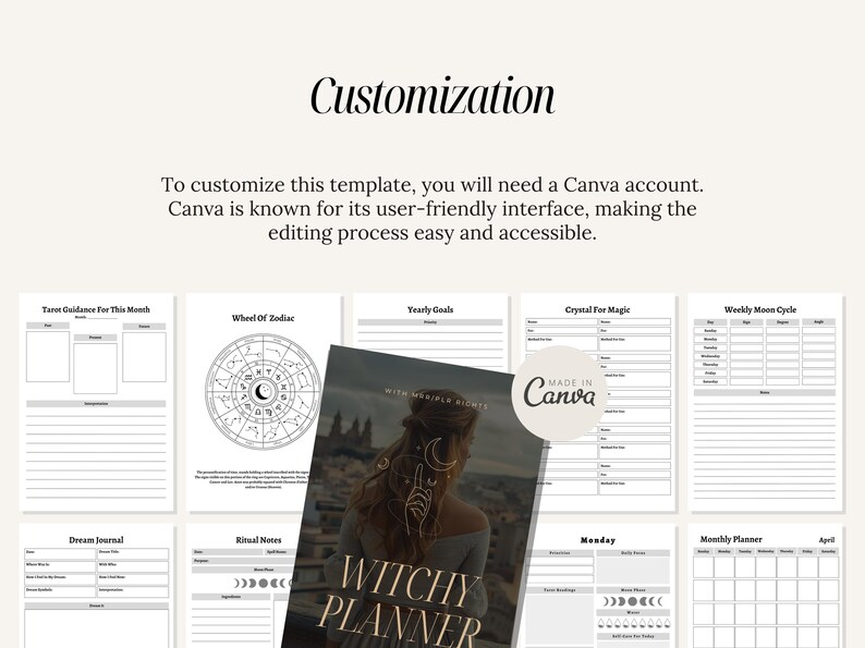 May include: A printable planner with a black and white design. The planner includes pages for tarot guidance, yearly goals, crystal magic, weekly moon cycles, dream journaling, ritual notes, and a monthly planner. The cover features a woman with long hair in front of a city skyline. The text "Witchy Planner" is in large, bold letters.