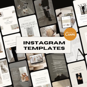 May include: A collection of Instagram templates with a minimalist aesthetic. The templates feature a neutral color palette of beige, brown, and white. The text on the templates includes phrases like "Create the life you can't wait to wake up to", "What's a logo suite?", "Branding is not about visuals, it's about connection", and "How to combine an Instagram and travel brand".