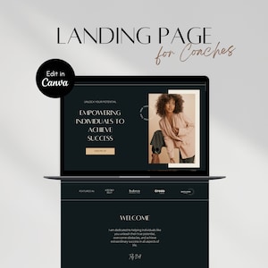 May include: A laptop computer screen displaying a landing page for coaches. The page has a black background with white text that reads "Unlock Your Potential", "Empowering Individuals to Achieve Success", and "Sign Me Up". There is a photo of a woman with curly hair wearing a pink blazer and black trousers. The text "Landing Page for Coaches" is displayed at the top of the screen in white text on a black background.