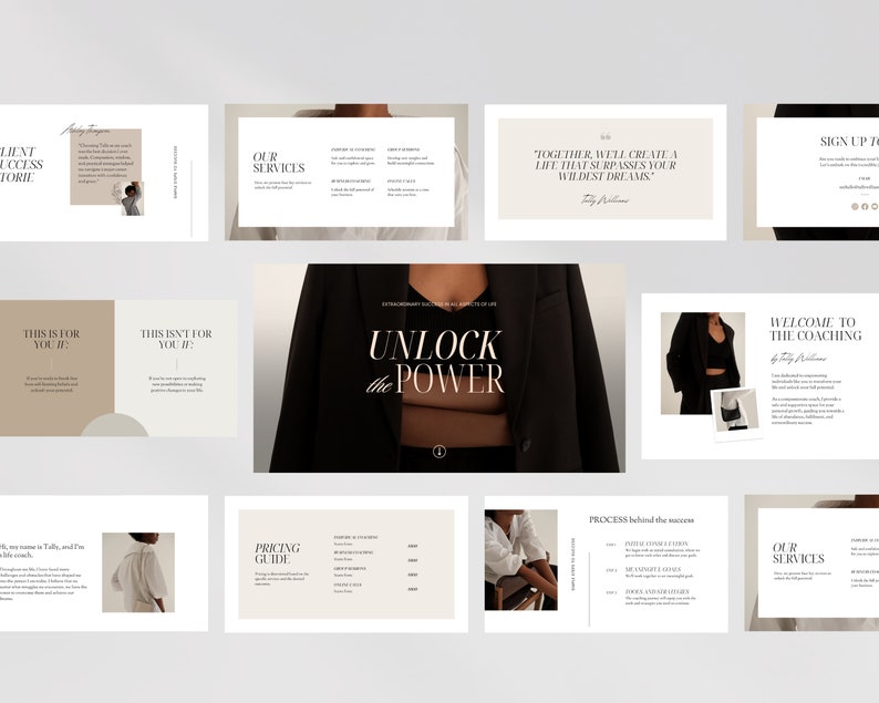 May include: A presentation slide deck with a beige and white color scheme. The text "Unlock the Power" is featured in a large, bold font. The presentation is about coaching and personal development.