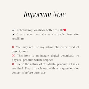 May include: Important note: Rebrand (optional) for better results. Create your own Canva shareable links (for reselling). You may not use my listing photos or product descriptions. This item is an instant digital download; no physical product will be shipped. Due to the nature of this digital product, all sales are final. Please reach out with any questions or concerns before purchase.