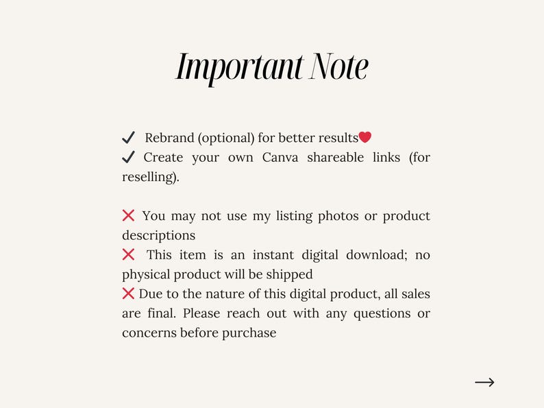 May include: Important note: Rebrand (optional) for better results. Create your own Canva shareable links (for reselling). You may not use my listing photos or product descriptions. This item is an instant digital download; no physical product will be shipped. Due to the nature of this digital product, all sales are final. Please reach out with any questions or concerns before purchase.
