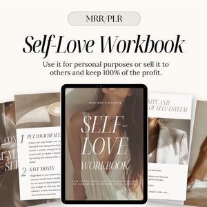 Op de afbeelding: Een digitale productmockup voor een zelfliefde-werkboek. De omslag toont een vrouw met lang bruin haar die een wit tanktop draagt. De titel van het werkboek is "Self-Love Workbook" in een vetgedrukt, zwart lettertype. De tekst "How to cultivate self-love and nurture the healing of your mind, body, and soul" is onder de titel afgedrukt.