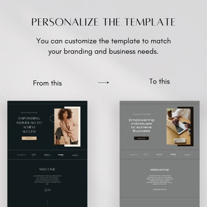 May include: A website template mockup showing a before and after example of how to customise the template to match your branding and business needs. The before image shows a dark background with a woman in a pink blazer. The after image shows a grey background with a person's hands typing on a laptop.
