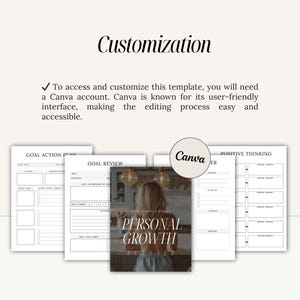 May include: A printable personal growth planner with sections for goal action plans, goal reviews, and positive thinking. The planner is designed to be used with Canva.