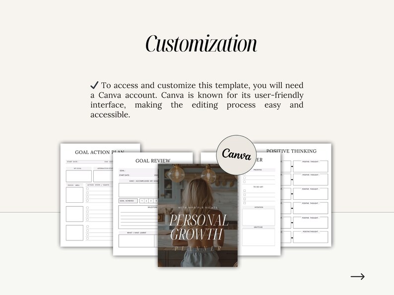May include: A printable personal growth planner with sections for goal action plans, goal reviews, and positive thinking. The planner is designed to be used with Canva.