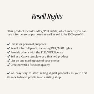 K&ouml;nnte beinhalten: Text auf wei&szlig;em Hintergrund, der "Resell Rights" lautet. Dieses Produkt beinhaltet MRR/PLR-Rechte, was bedeutet, dass Sie es f&uuml;r pers&ouml;nliche Zwecke verwenden und f&uuml;r 100% Gewinn verkaufen k&ouml;nnen! Eine Liste mit Aufz&auml;hlungszeichen mit H&auml;kchen daneben beschreibt die im Produkt enthaltenen Rechte.