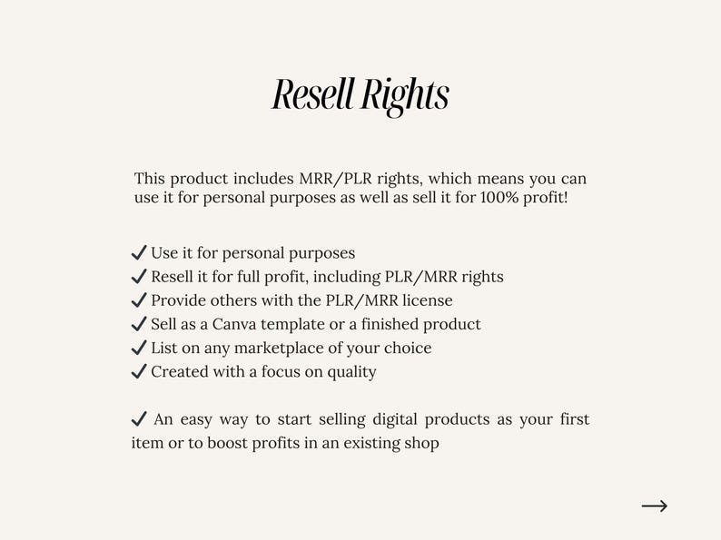 K&ouml;nnte beinhalten: Text auf wei&szlig;em Hintergrund, der "Resell Rights" lautet. Dieses Produkt beinhaltet MRR/PLR-Rechte, was bedeutet, dass Sie es f&uuml;r pers&ouml;nliche Zwecke verwenden und f&uuml;r 100% Gewinn verkaufen k&ouml;nnen! Eine Liste mit Aufz&auml;hlungszeichen mit H&auml;kchen daneben beschreibt die im Produkt enthaltenen Rechte.