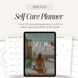 K&ouml;nnte beinhalten: Ein digitaler Planer mit dem Text "Self Care Planner" und "With MRR/PLR Rights" auf dem Cover. Der Planer enth&auml;lt Abschnitte f&uuml;r die Stimmungsaufzeichnung, Hautpflege-Termine, Balance und Ern&auml;hrungstracking. Das Titelbild zeigt eine Frau, die am Pool sitzt.