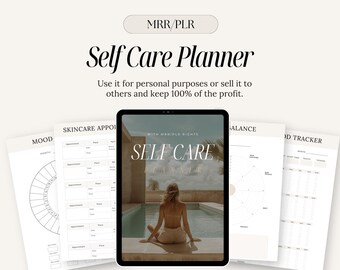 May include: A digital planner with the text "Self Care Planner" and "With MRR/PLR Rights" on the cover. The planner includes sections for mood tracking, skincare appointments, balance, and food tracking. The cover image shows a woman sitting by a pool.