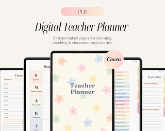 Puede incluir: Un planificador digital para docentes mostrado en varias pantallas de tableta con 70 páginas hipervinculadas. La portada tiene un fondo crema con flores en tonos pastel y el texto Teacher Planner. Otras pantallas muestran horarios de clase.