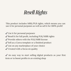 May include: A cream-coloured graphic with the title "Resell Rights". The text explains the product includes MRR/PLR rights, allowing personal use and resale for profit. Bullet points highlight key features, including selling as a Canva template or finished product.