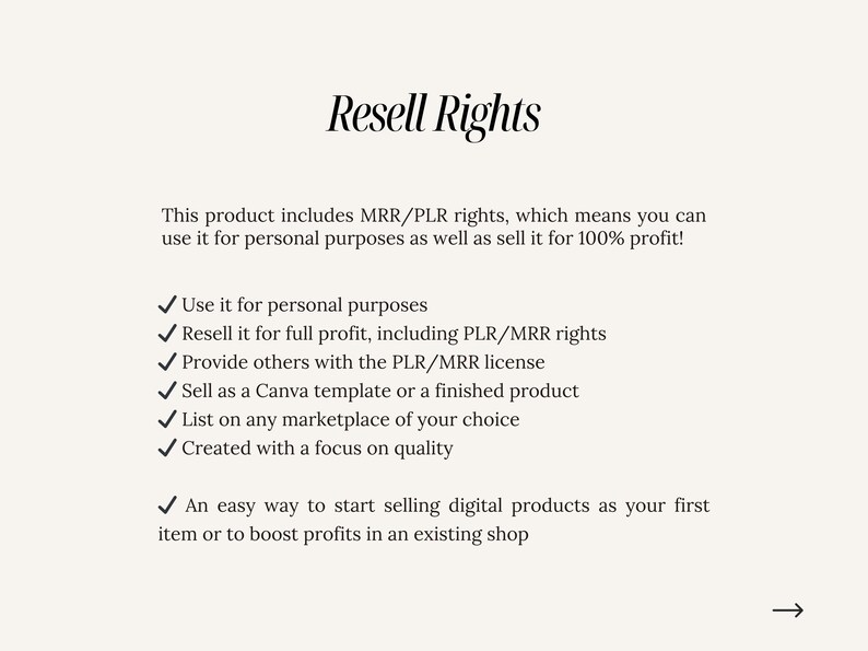 May include: A cream-coloured graphic with the title "Resell Rights". The text explains the product includes MRR/PLR rights, allowing personal use and resale for profit. Bullet points highlight key features, including selling as a Canva template or finished product.