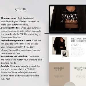May include: A laptop screen displaying a website with the text "Unlock the Power" and "Welcome to the Coaching by Tally Williams". The website is designed in a minimalist style with a black and white color scheme. The text "This is for you if:" and "This isn't for you if:" is also visible on the screen.