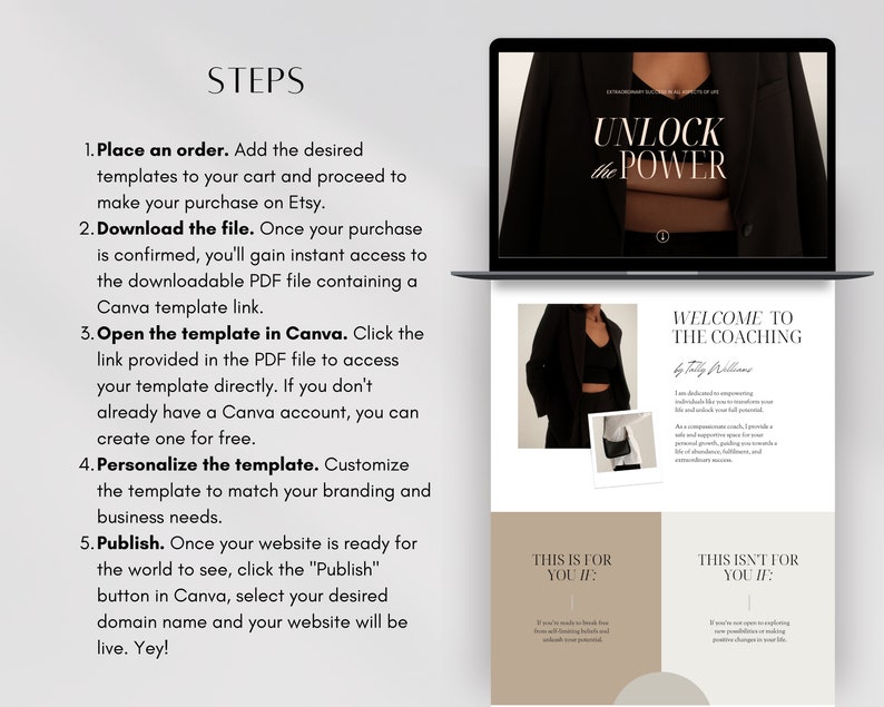 May include: A laptop screen displaying a website with the text "Unlock the Power" and "Welcome to the Coaching by Tally Williams". The website is designed in a minimalist style with a black and white color scheme. The text "This is for you if:" and "This isn't for you if:" is also visible on the screen.