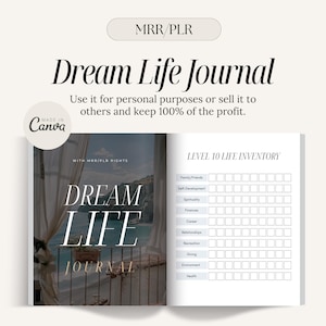 Puede incluir: Un diario blanco y gris con el texto "Dream Life Journal" y "Level 10 Life Inventory" en la portada. El diario está abierto en una página con una cuadrícula de cuadrados para hacer un seguimiento de los objetivos.