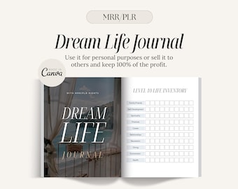 May include: A white and gray journal with the text "Dream Life Journal" and "Level 10 Life Inventory" on the cover. The journal is open to a page with a grid of squares for tracking goals.