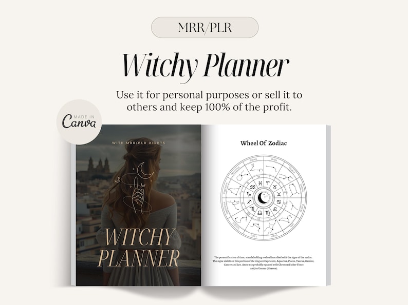 May include: A black and white image of a witchy planner with a gold moon and stars design. The planner includes a page with a wheel of zodiac signs.