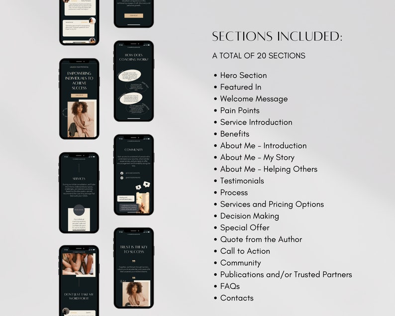 May include: A black and white image of a phone screen displaying a list of sections included in a website or app. The sections include: Hero Section, Featured In, Welcome Message, Pain Points, Service Introduction, Benefits, About Me - Introduction, About Me - My Story, About Me - Helping Others, Testimonials, Process, Services and Pricing Options, Decision Making, Special Offer, Quote from the Author, Call to Action, Community, Publications and/or Trusted Partners, FAQs, and Contacts.