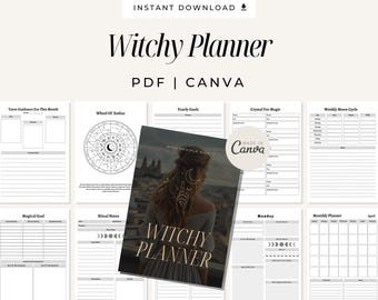 Puede incluir: Un planificador digital con un diseño en blanco y negro con un tema de brujería. El planificador incluye páginas para la guía del tarot, la rueda del zodíaco, objetivos anuales, cristales para la magia, el ciclo lunar semanal, objetivos mágicos, notas rituales y un planificador mensual. La imagen de la portada presenta a una mujer con una luna creciente y estrellas en la espalda, de pie frente a un horizonte urbano.