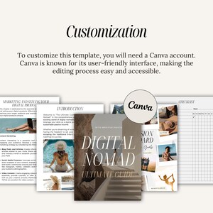 May include: A digital nomad guide with a white and brown cover featuring the text "Digital Nomad Ultimate Guide". The guide is open to reveal pages with information about marketing and selling digital products, an introduction to digital nomadism, and a checklist.