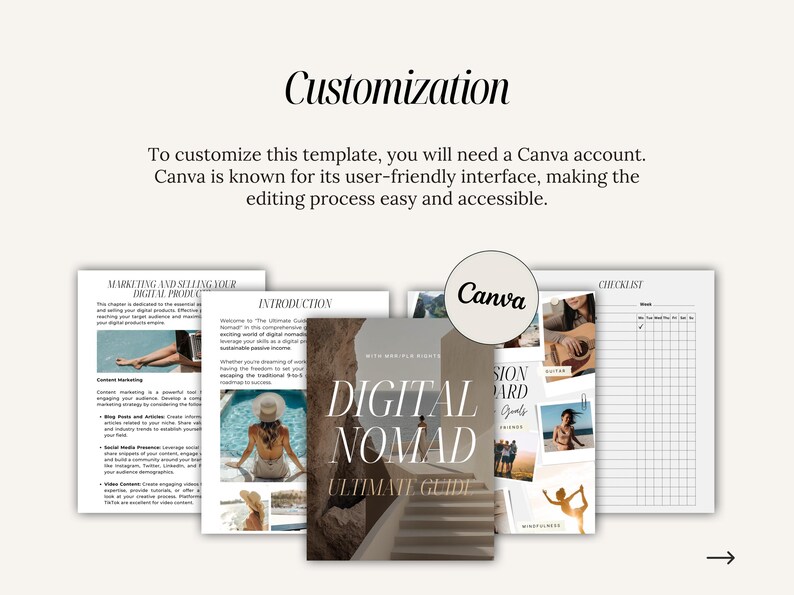 May include: A digital nomad guide with a white and brown cover featuring the text "Digital Nomad Ultimate Guide". The guide is open to reveal pages with information about marketing and selling digital products, an introduction to digital nomadism, and a checklist.