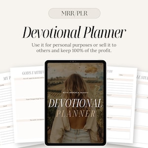 Puede incluir: Un planificador digital con el texto "Devotional Planner" en un cuadro blanco sobre un fondo marrón. El planificador está diseñado para uso personal o para ser vendido a otros.