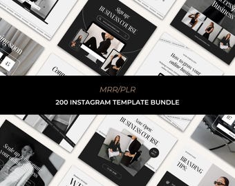 May include: A collection of 200 Instagram templates for businesses. The templates feature a black and white color scheme with a modern and minimalist design. The templates include text overlays such as "Sign up: Business Course", "How to grow your online business", "Now Open: Business Course", and "Branding Tips".