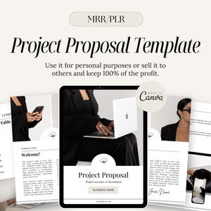 May include: A project proposal template with a black and white color scheme. The template includes a table of contents, an introduction section, and a project overview. The text "Project Proposal" is displayed in a large font size. The template is made in Canva.