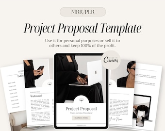 May include: A project proposal template with a black and white color scheme. The template includes a table of contents, an introduction section, and a project overview. The text "Project Proposal" is displayed in a large font size. The template is made in Canva.
