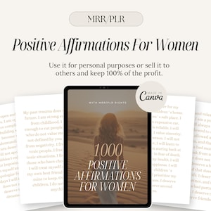 MRR PLR 1000 affermazioni positive per le donne, include i diritti di rivendita principale, pace interiore, crescita personale, vendi come tuo, modello Canva