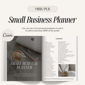 May include: A white and gray digital planner with the text "Small Business Planner" and "contents" on the cover. The planner is open to a page with a list of topics, including "Cover", "Table of Contents", "Getting Started", "Start-up checklist", "Opening my business", "One-page business plan", "Branding", "Logo & Company", "Forms, Logs & Trackers", "Time log", "Sales tracker", "Order form", "Shipping tracker", "Inventory tracking", "Password log", "New product checklist", "New product analysis", "Competitor analysis", "Marketing planner", "Monthly content planner", "Social media planner", "Social media statistics", "Social media follower stats", "Coupons and sales", "Social media apps", "Business finance", "Expense log", "Income + expense tracker", "Annual profit & loss", "Tax deductions", "Adding the value", "Yearly schedule", "January-December schedule", "Planning the months", "Weekly planner", "Weekly - monthly checklist", "Weekly - monthly checklist", "Filled out", "Daily planner", "Planning the day", "Business habits tracker", "Professional habits tracker", "Section tabs".