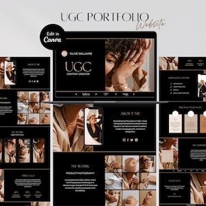 May include: A black and gold website design for a UGC content creator. The website features a portfolio of product photography, services offered, pricing packages, and contact information. The website is designed to be visually appealing and easy to navigate.