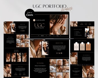 Puede incluir: Un diseño de sitio web negro y dorado para un creador de contenido UGC. El sitio web presenta una cartera de fotografía de productos, servicios ofrecidos, paquetes de precios e información de contacto. El sitio web está diseñado para ser visualmente atractivo y fácil de navegar.