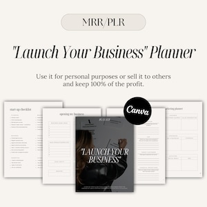 Könnte beinhalten: Ein schwarz-weißer druckbarer Planer mit dem Text "Launch Your Business" auf dem Cover. Der Planer enthält Abschnitte für eine Start-Checkliste, die Eröffnung eines Unternehmens, Marketing und ein Canva-Logo.